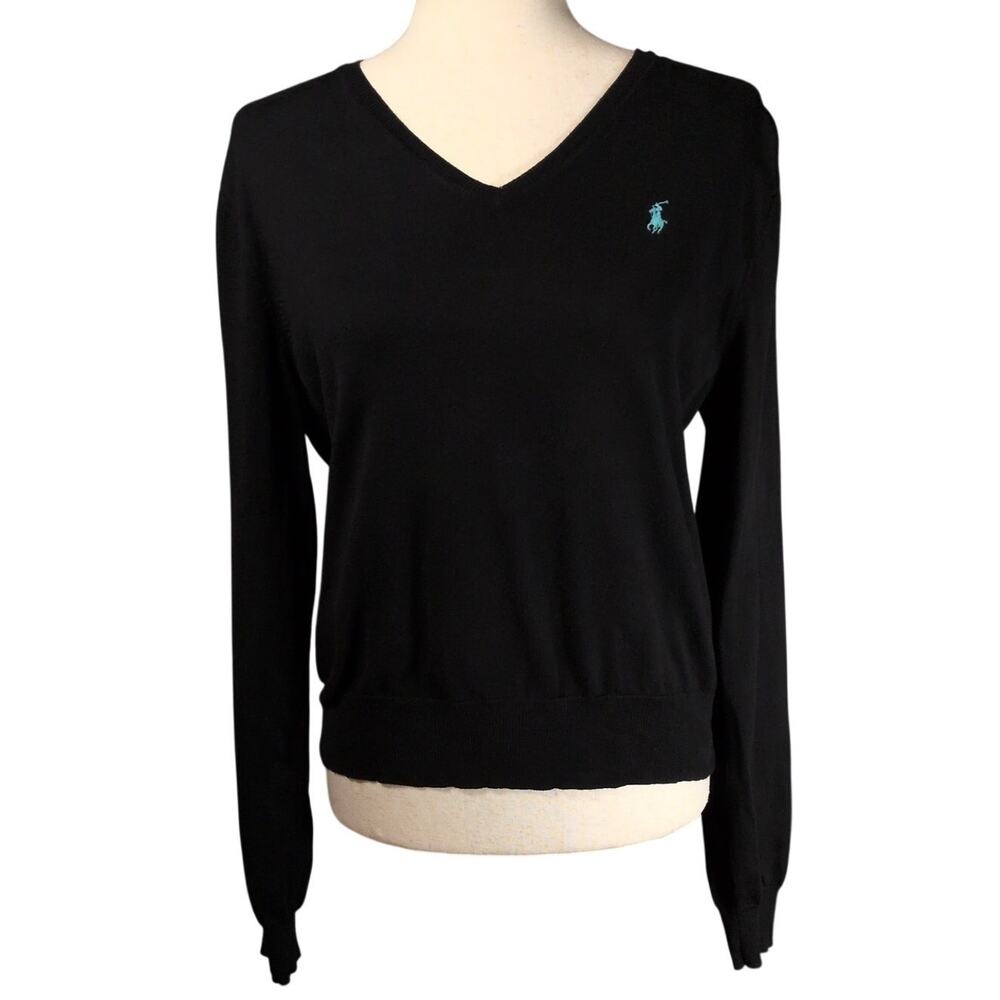 VTG Ralph Lauren Pima Cotton Pullover Women's V-Neck Sweater Black Blue Pony XL